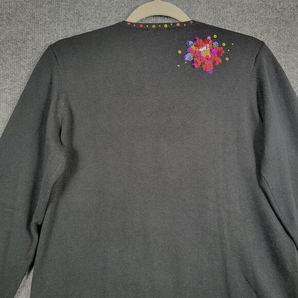 QUACKER FACTORY Black Sequin Christmas Poinsettia Holiday Novelty Sweater XS - Picture 5 of 12